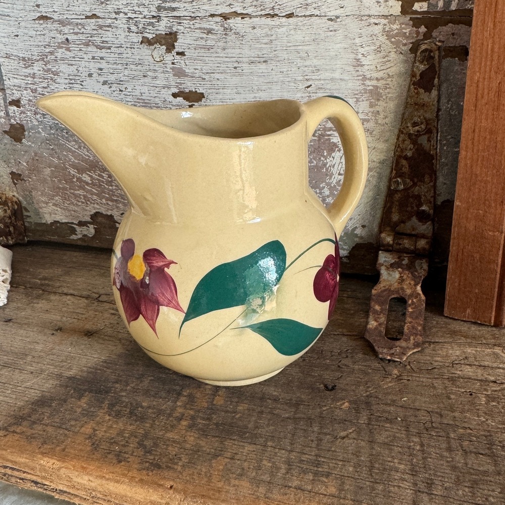 Vintage USA Pottery Hand Painted Floral Cherry Ceramic Pitcher Cream 5.5 Inch